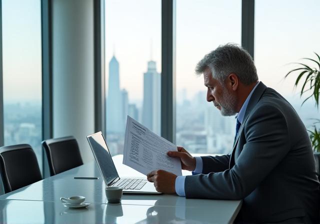 Empresário analisando documentos fiscais em escritório moderno em São Paulo