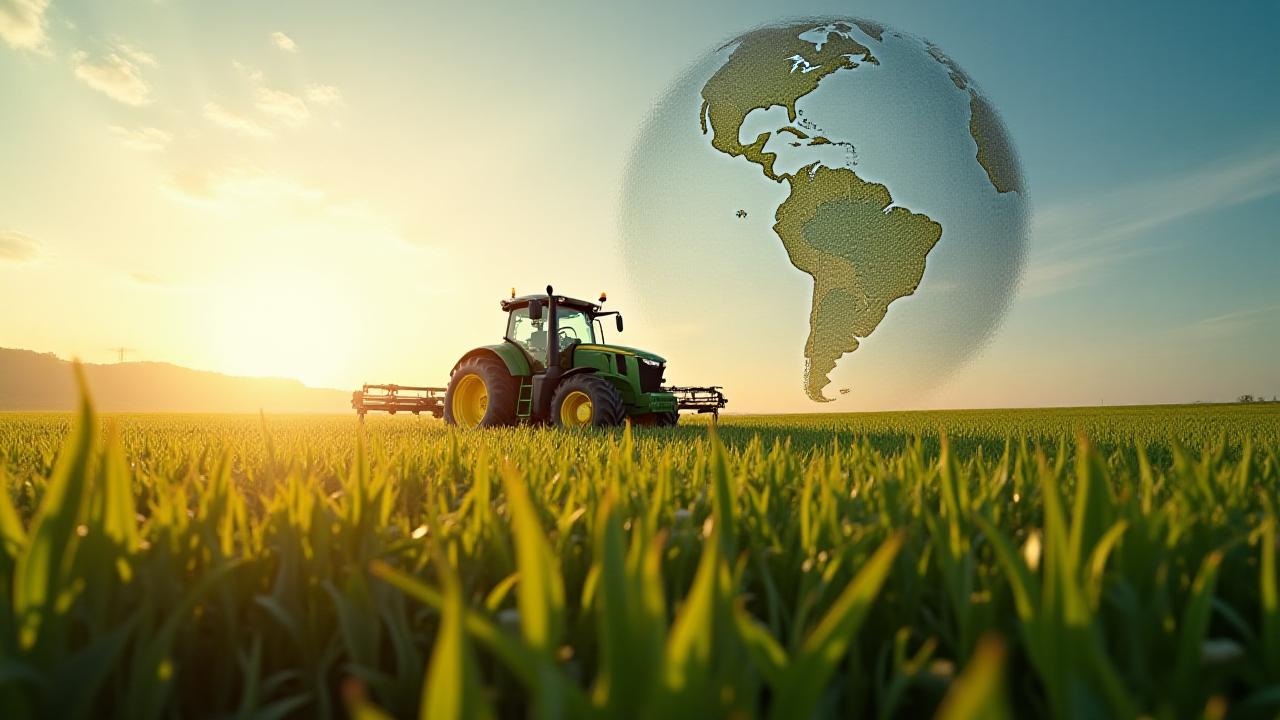 Trator trabalhando em campo brasileiro com globo terrestre ao fundo