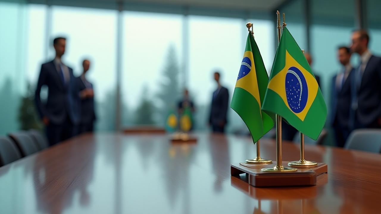 Reunião de autoridades em Brasília com bandeiras do Mercosul